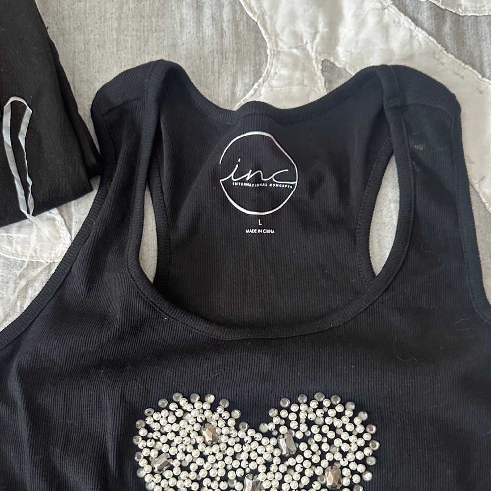 INC International Concepts Black Tank Top with Embellished Heart